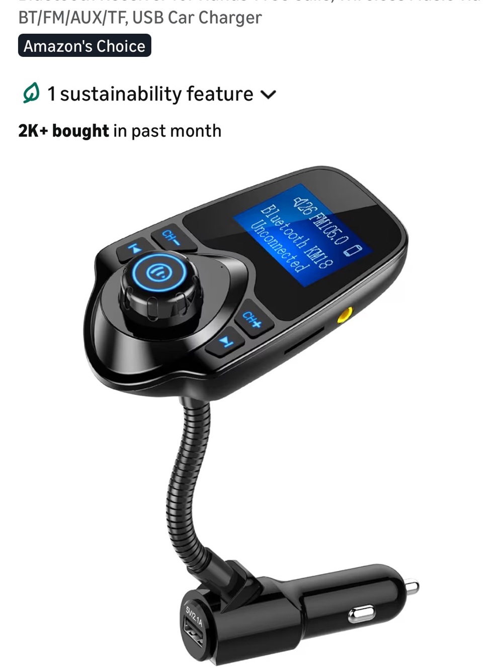 Bluetooth FM Transmitter Car Adapter with USB Charger - Black